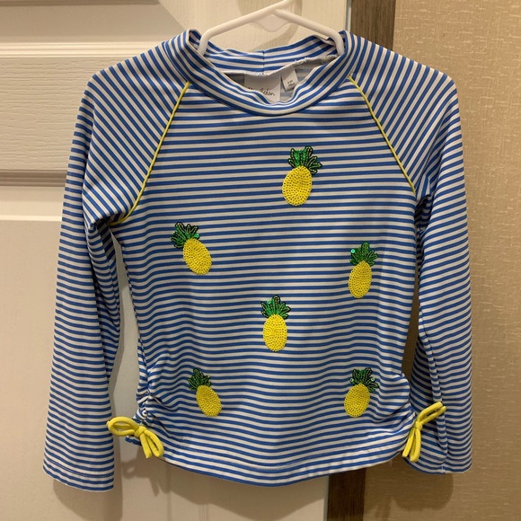 Mini Boden Other - *SOLD* Mini Boden Girl’s Sequin Pineapple Rashguard Striped Top 4-5Y